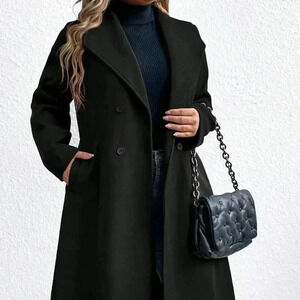Black Casual Women's Plus Size Plain Double Breasted Pocket Long Sleeve Overcoat